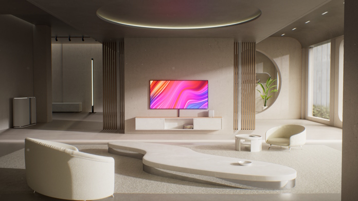 A living room space with a television and mesh WiFi system