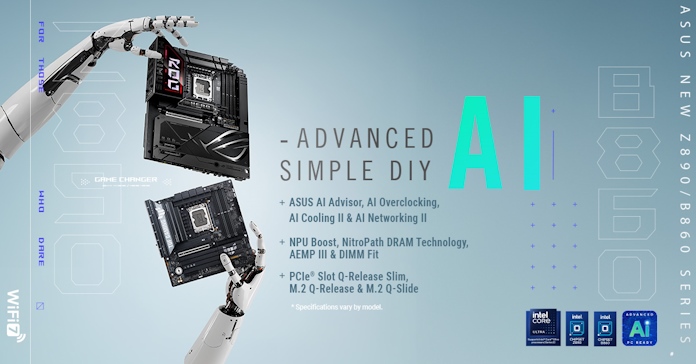 A banner for ASUS B860 motherboards with the slogan Advanced AI, Simple DIY